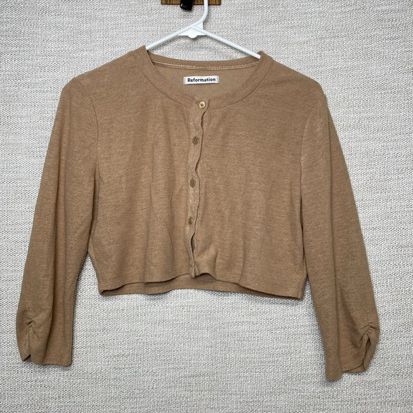 Reformation Tops - Reformation Janice Knit Crop Cardigan M Button Up 3/4 Sleeve Tan Orange